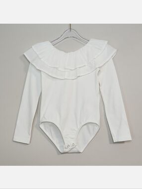 Zara White Ruffled Neck Long Sleeve Bodysuit, Size 7 ~ EUC